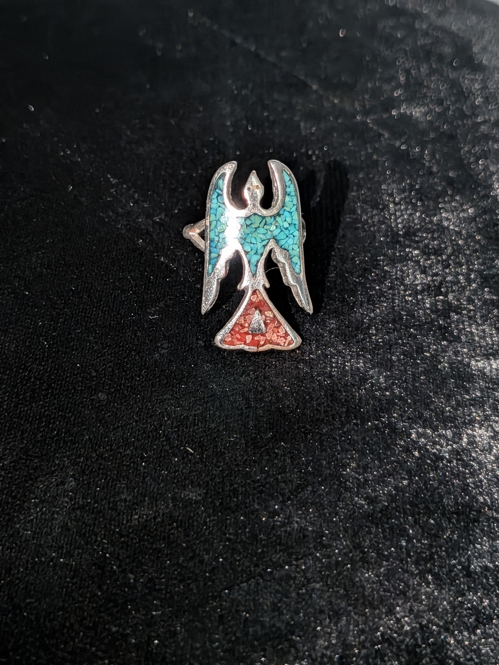 Turquoise and Red Inlay Thunderbird/Peyote Ring